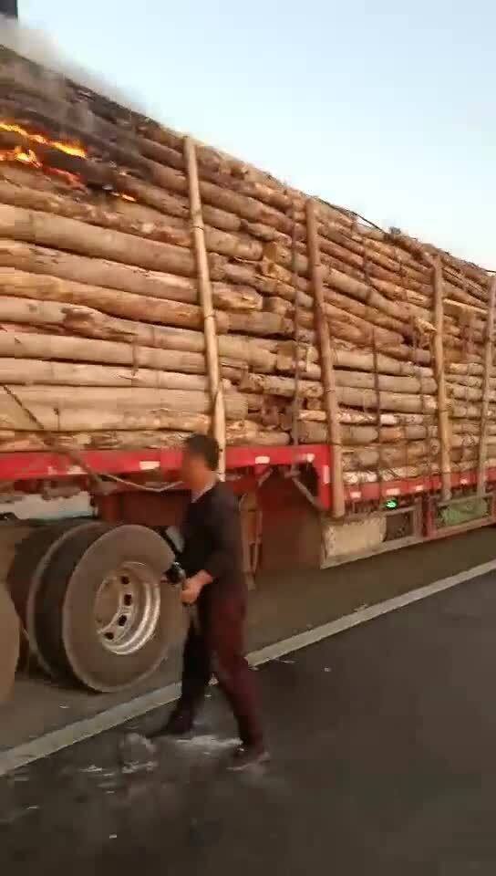 拉木头的大货车高速公路上着火,灭火设备完全不顶用